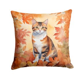 Korean Bobtail Cat in Fall Leaves Throw Pillow Machine Washable, Indoor Outdoor Decorative Pillow for Couch, Bed or Patio, 18Hx18W