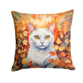 Khao Manee Cat in Fall Leaves Throw Pillow Machine Washable, Indoor Outdoor Decorative Pillow for Couch, Bed or Patio, 18Hx18W