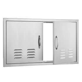 BBQ Access Door, 36W x 21H Inch Double Outdoor Kitchen Door, Stainless Steel Flush Mount Door, Wall Vertical Door with Handles and Vents