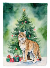 Highlander Lynx Cat By the Christmas Tree House Flag Large Porch Sleeve Pole Decorative Outside Yard Banner Artwork Wall Hanging, Polyester, House Siz