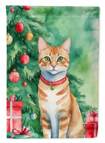 Arabian Mau Cat By the Christmas Tree House Flag Large Porch Sleeve Pole Decorative Outside Yard Banner Artwork Wall Hanging, Polyester, House Size, M