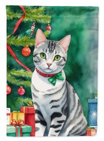 American Shorthair Cat By the Christmas Tree House Flag Large Porch Sleeve Pole Decorative Outside Yard Banner Artwork Wall Hanging, Polyester, House