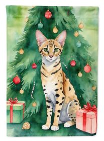Savannah Cat By the Christmas Tree House Flag Large Porch Sleeve Pole Decorative Outside Yard Banner Artwork Wall Hanging, Polyester, House Size, Mult