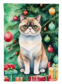Exotic Shorthair Cat By the Christmas Tree House Flag Large Porch Sleeve Pole Decorative Outside Yard Banner Artwork Wall Hanging, Polyester, House Si