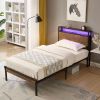Twin Size Metal Platform Bed Frame with Wooden Headboard and Footboard with USB LINER, LED Lights ,No Box Spring Needed, Large Under Bed Storage, Easy
