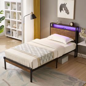 Twin Size Metal Platform Bed Frame with Wooden Headboard and Footboard with USB LINER, LED Lights ,No Box Spring Needed, Large Under Bed Storage, Easy