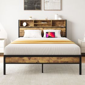 Full Size Bed Frame with Storage Headboard, Metal Platform Bed with Charging Station, Bookcase Storage, No Box Spring Needed, Easy Assembly, Noise-Fre