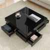 ON-TREND Modern High Gloss Coffee Table with 4 Drawers, Multi-Storage Square Cocktail Tea Table with Wood Grain Legs, Center Table for Living Room