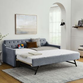 Twin Size Upholstery DayBed with Twin Size Erectable Trundle and USB Charging Design, Linen Grey