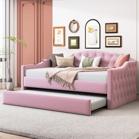 Twin Size Tufted Upholstered Daybed with Trundle ,Velvet Sofabed with USB&Type-C Charging Ports,No Box-spring Needed, Pink