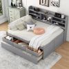 Full Size Wooden Captain Bed with Built-in Bookshelves, Three Storage Drawers and Trundle, Light Grey