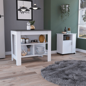 2 Piece Kitchen Set, Delos Kitchen Island + Munich Lower Microwave Pantry Cabinet , White /Onyx