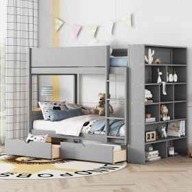 Twin over Twin Bunk Bed With 2 Drawers and Multi-layer Cabinet, Gray