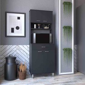 Pantry Cabinet 67" H, Four Doors, One Drawer, Three Internal Shelves, 2 External Storage Shelves, Microwave Storage Option, Four Legs, Black