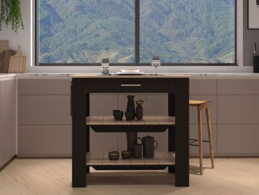 Kitchen Island 37" H, Two Open Storage Shelves, One Drawer, Four Legs,Towel Hanger, Black / Light Oak