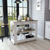Kitchen Island 36" H, Six Casters, Two Drawers, Two Open Storage Shelves, Towel Hanger, White/Light Oak