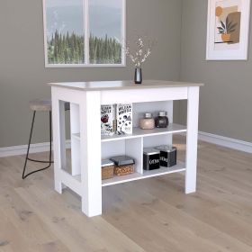 Kitchen Island, Kitchen Table 35" H, Three Open Storage Shelves, Four Legs, White / Light Gray