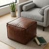 Brody 18 inch Wide Square Top Stitch Pouf in Distressed Brown Genuine Leather
