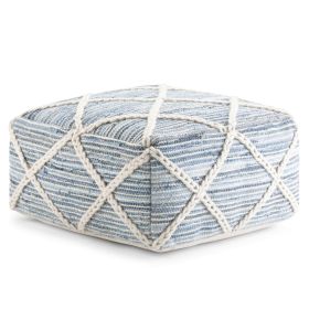 Cowan 20 inch Wide Square Pouf in Blue and Natural Handloom Wool and Cotton