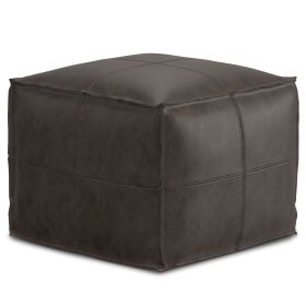 Brody 18 inch Wide Square Top Stitch Pouf in Distressed Dark Brown Genuine Leather