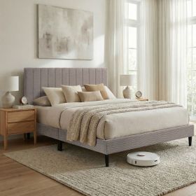 Gray Upholstered Queen Platform Bed Frame, Tufted Channel Headboard, Mid-Century Bedroom Furniture, No Box Spring Required, Bed Frame Wood Slats