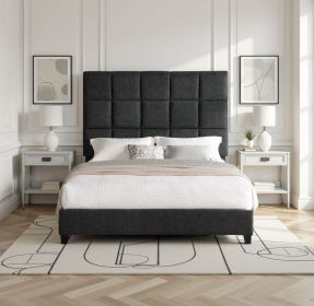 Queen Size Grey Squares Upholstered Platform Bed
