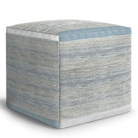 Naya 16 inch Wide Cube Pouf in Blue/Grey Handwoven Cotton