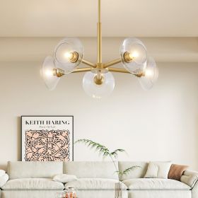 Modern Gold 5-Light Sputnik Chandelier with Clear Glass Shades, Mid-Century Hanging Pendant Light Fixture for Dining Room, Living Room, or Kitchen (Bu