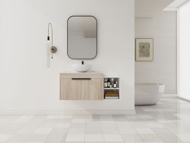 42 " Modern Design Float Bathroom Vanity With Ceramic Art Sink, White Flat Stone Slab and Small Storage Shelves, Soft Closed Door,KD-Package (TOP-BAB3