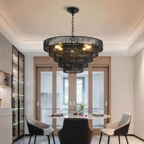 Rustic 5-Tier Black Hemp Rope Chandelier with 8 E12 Sockets, UL Listed Hardwired Pendant Light, Boho Farmhouse Ceiling Fixture for Dining Room, Kitche