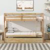 Twin Over Twin Rubber Wood Bunk Bed with Trundle, Convertible into 2 Twin Size Beds, Twin Size Bunk Bed with Ladder and Safety Guardrails,White Oak