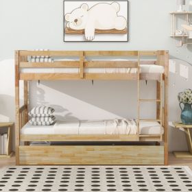 Twin Over Twin Rubber Wood Bunk Bed with Trundle, Convertible into 2 Twin Size Beds, Twin Size Bunk Bed with Ladder and Safety Guardrails,White Oak