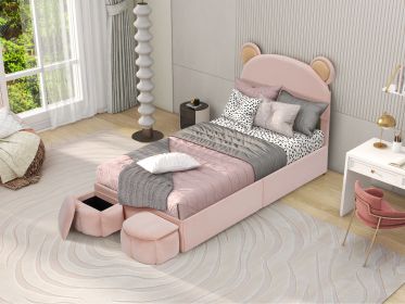 Twin Size Upholstered Platform Bed Frame with Cartoon Bear Ears Shaped Headboard for Kids Teens Bedroom, No Box Spring Needed