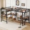 Twin Size Metal Loft Bed with Two Built-in Desks,Black