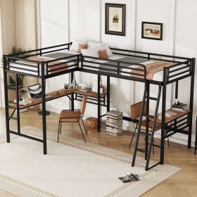 Twin Size Metal Loft Bed with Two Built-in Desks,Black
