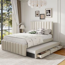 Full Size Upholstered Platform Bed with Twin Size Trundle and 3 Drawers, Linen Fabric, Beige