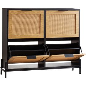 Rattan Shoe Cabinet, Narrow Shoe Storage Organizer with 4 Flip Drawers, Slim Shoe Entryway Storage Cabinet with Metal Legs, Ideal for Entryway, Closet