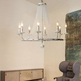 Crylite French Country Candle-Shaped 8-Light Crystal Bead Strands Metal Wheel Chandelier