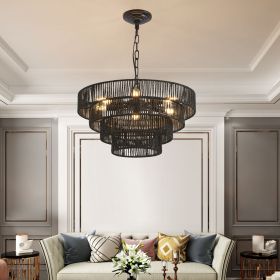 20" Rustic 4-Tier Black Hemp Rope Pendant Light Chandelier with 6 E12 Sockets, Handmade Tiered Boho Ceiling Light Fixture for Dining Room, Kitchen