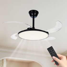 42 Inch Retractable Ceiling Fan,Low Profile Ceiling Fan with Light and Remote,Modern Black Fan with Retractable Blades for Dinning Room Living Room Be