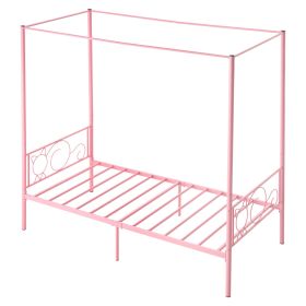 Twin Size Canopy Bed Frame, Metal Canopy Bed with Minimalist Headboard & Four Posters Design, Heavy Duty Steel Slats Support, Underbed Storage Space