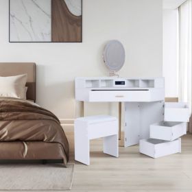 White Dressing Table Stool Set, removable mirror, tri-color illuminated mirror, four drawers with outlets
