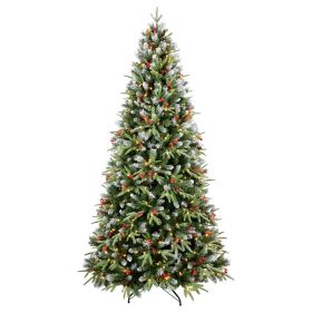 Prelit Artificial Christmas Tree, Snow Frosted Xmas Tree with Pre-Decorated Pine Cones & Red Berries,750 Lights,3751 Branches Tips and Foldable Base