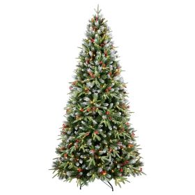 7ft Lighted Artificial Christmas Tree with 2178 Premium PE/PVC Branches, 450 Lights, Pine Cones, Red Berries, Foldable Metal Base, Green