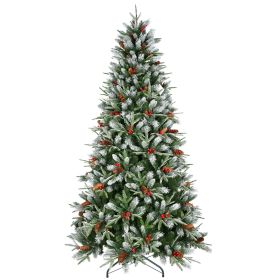7ft Snow Frosted Christmas Tree w/2178 PE/PVC Tips, Pinecone & Berries - Holiday Decor