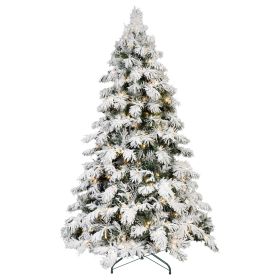 8FT Prelit Flocked Christmas Tree with Light, Snowy Pine Design, 470Warm White LED Lights, Hinged Branches, Metal Stand