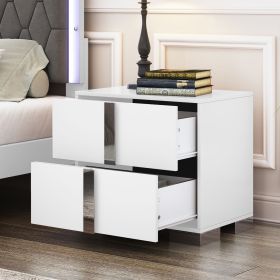Elegant Nightstand with Metal Handle, Mirrored Bedside Table with 2 Drawers for Bedroom, Living Room, White