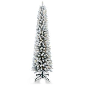 Prelit 6FT PVC Flocked Pencil Tree Artificial Slim Christmas Tree