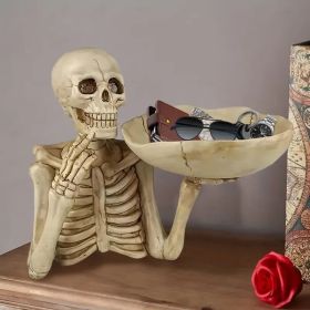 Skull Tray Ornament with Bowl ��� Unique Skeleton Design for Indoor & Outdoor Decor, Perfect for Halloween, Day of the Dead, or Gothic Themed Rooms, C