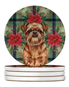 Red Brussels Griffon Christmas PoinsettIas Large Sandstone Coasters Pack of 4 Absorbent Round Coasters Decor Gifts for Men or Women, 4 in, Multicolor
